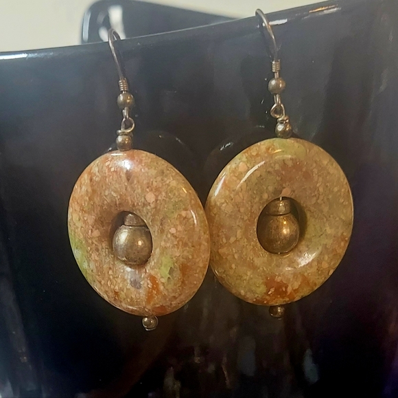 Vintage Green & Brown Nephrite Disc Hoop Earrings with 925 Sterling Silver Beads - Picture 3 of 6